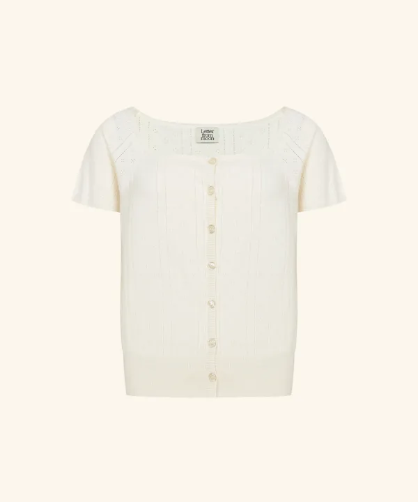 Square neck Punching Short Sleeve Cardigan ( Cream )