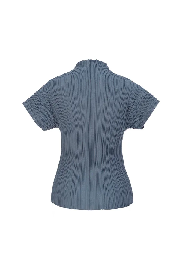 PLEATS MOCKNECK SHORT SLEEVE TOP [ASH BLUE]