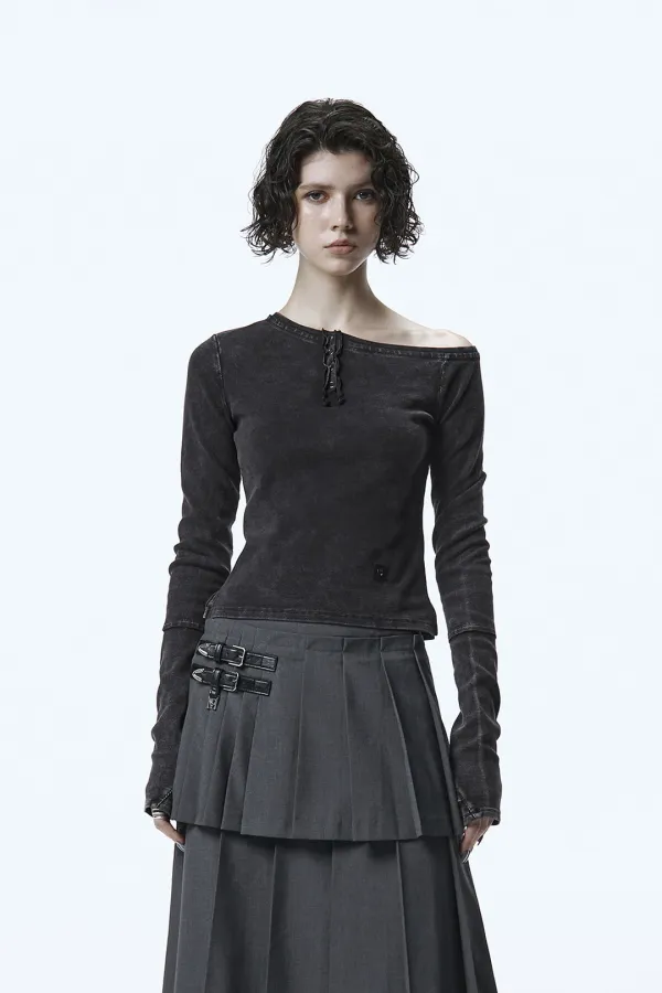 One-Shoulder Henley Neck Long Sleeve [ Charcoal ]