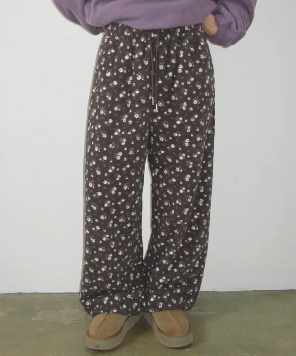 FLOWER PATTERN FLEECE PANTS CHARCOAL