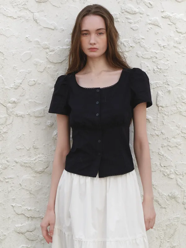 A SQUARE NECK LACE BLOUSE__BLACK