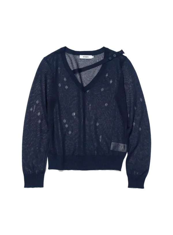 [WOMEN] SHEER DISTRESSED V-NECK KNIT TOP_NAVY
