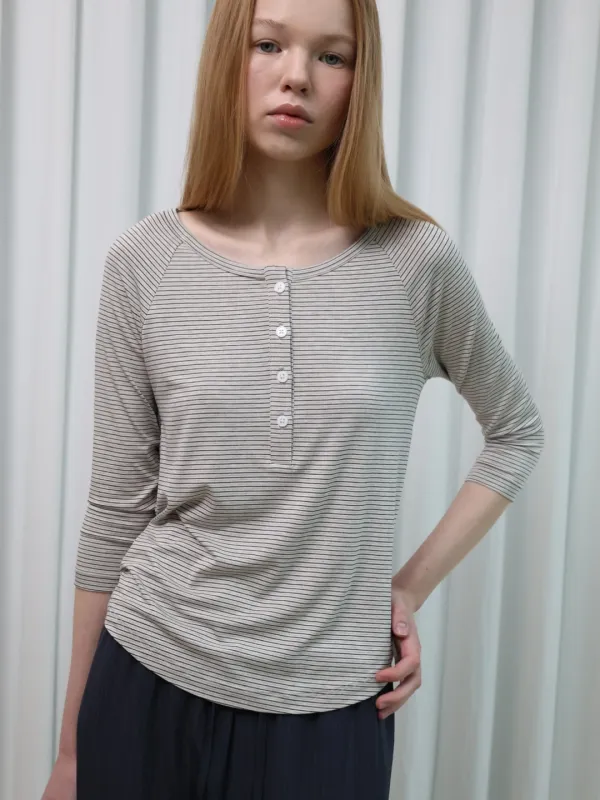 Striped Henley Neck Top - Black