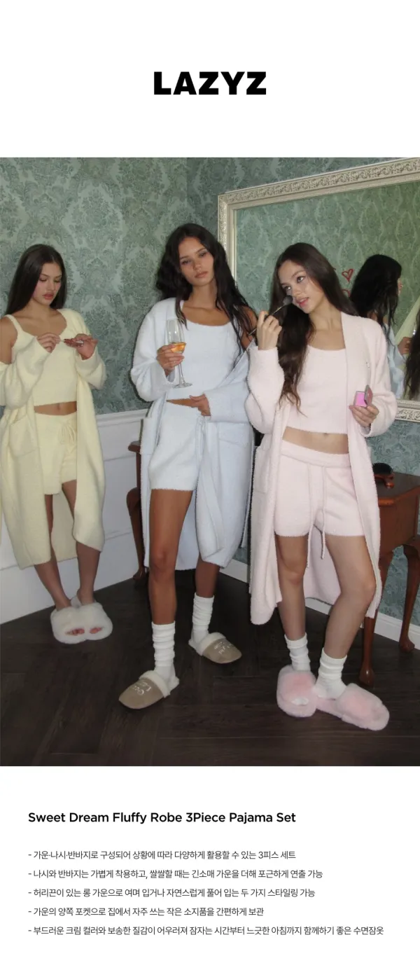 Sweet Dream Fluffy 3 Piece Robe Pajama Set (3Colors)
