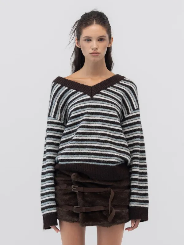 MELLOW V-NECK STRIPE KNIT (BROWN STRIPE)
