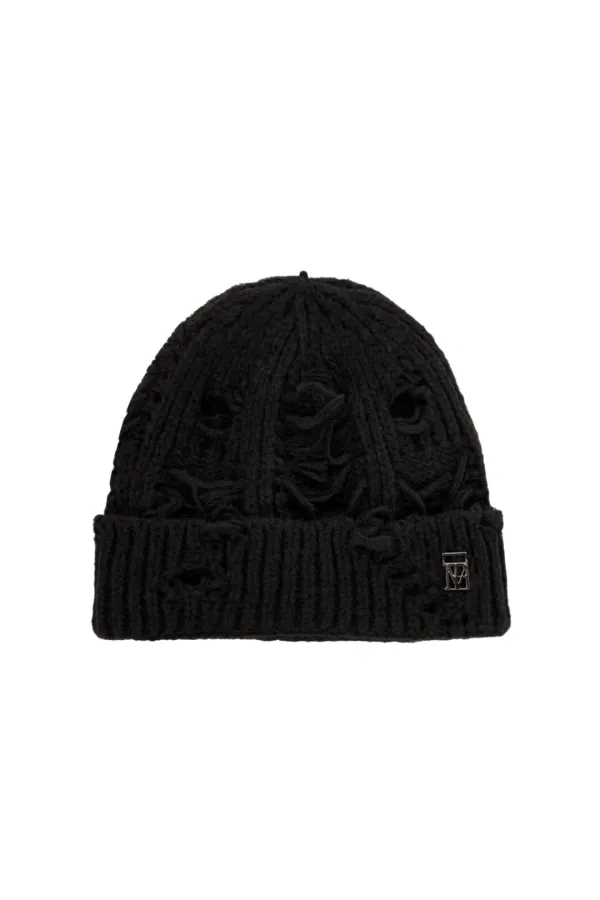 Distressed Knit Beanie [ Black ]
