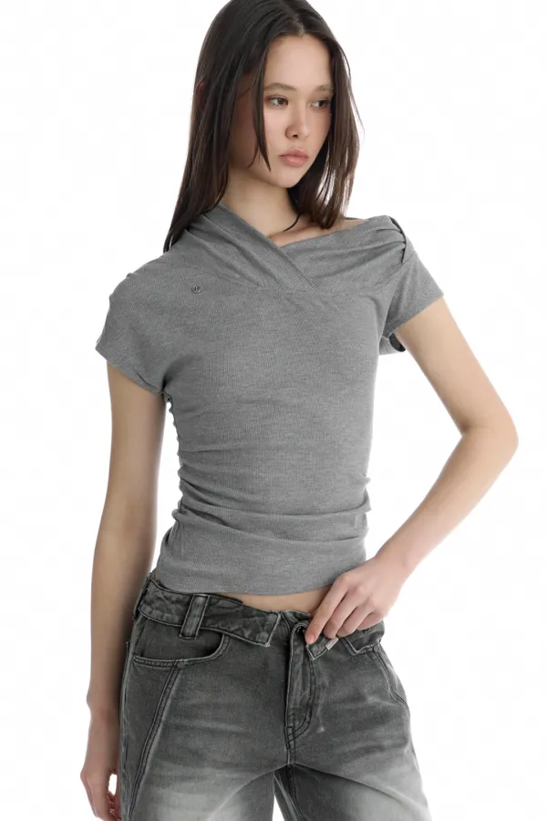Asymmetric Draped Off-Shoulder Top [ Melange Gray ]
