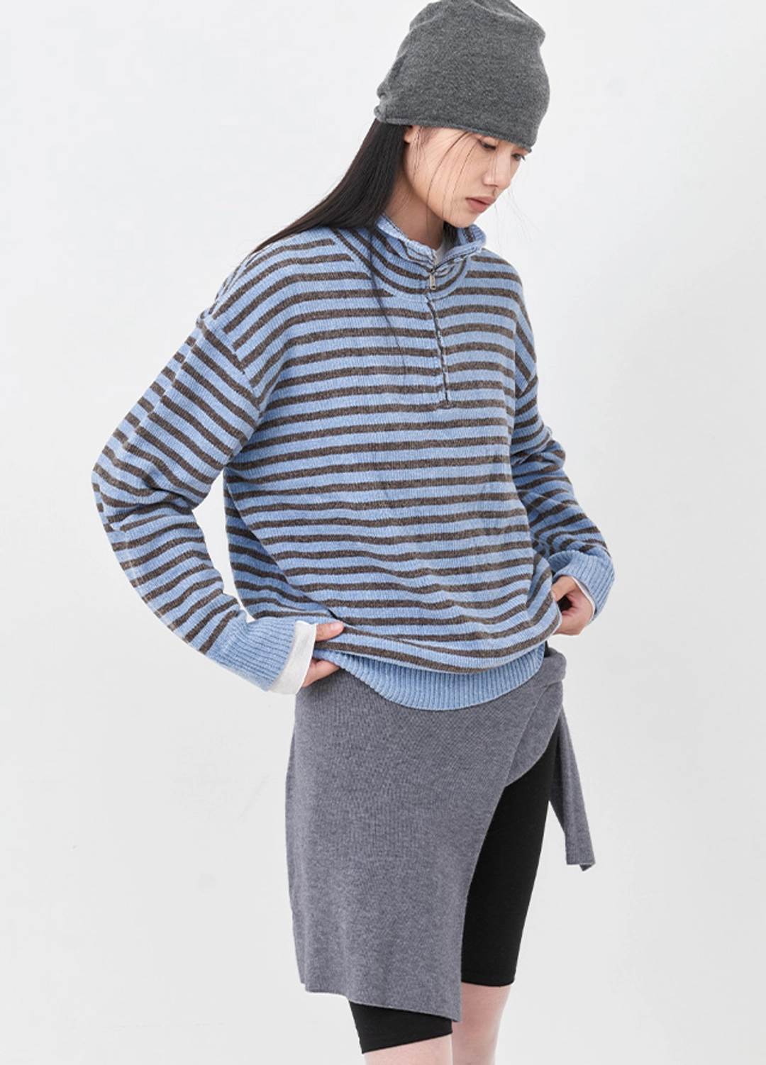 아뜰리에 나인 (T-7321)AN VELVET STRIPE QUARTER ZIP-UP KNIT 상품 이미지 2