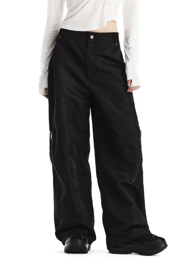 Knee-Zip Nylon pants [ Black ]