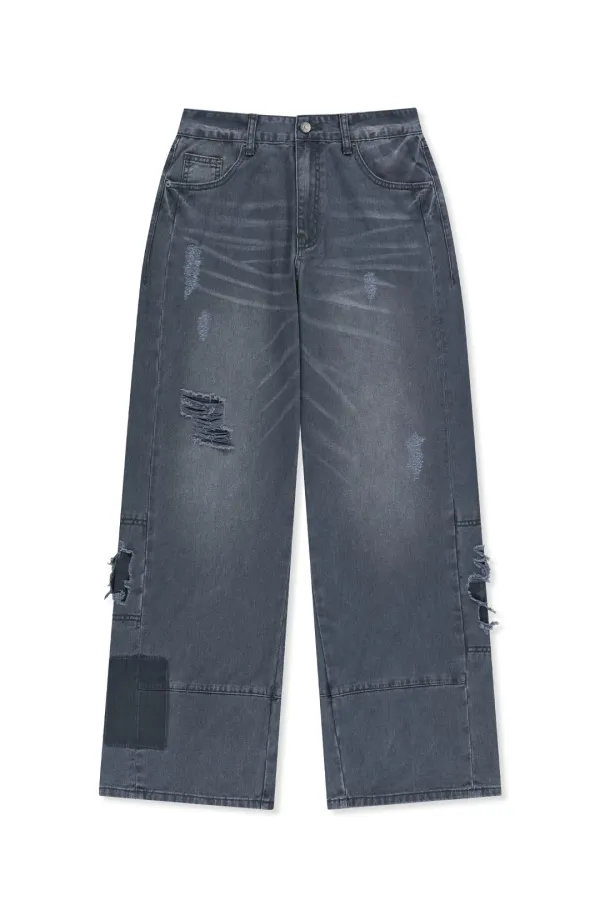 SHADOW DISTRESSED WIDE DENIM PANTS IN BLUE
