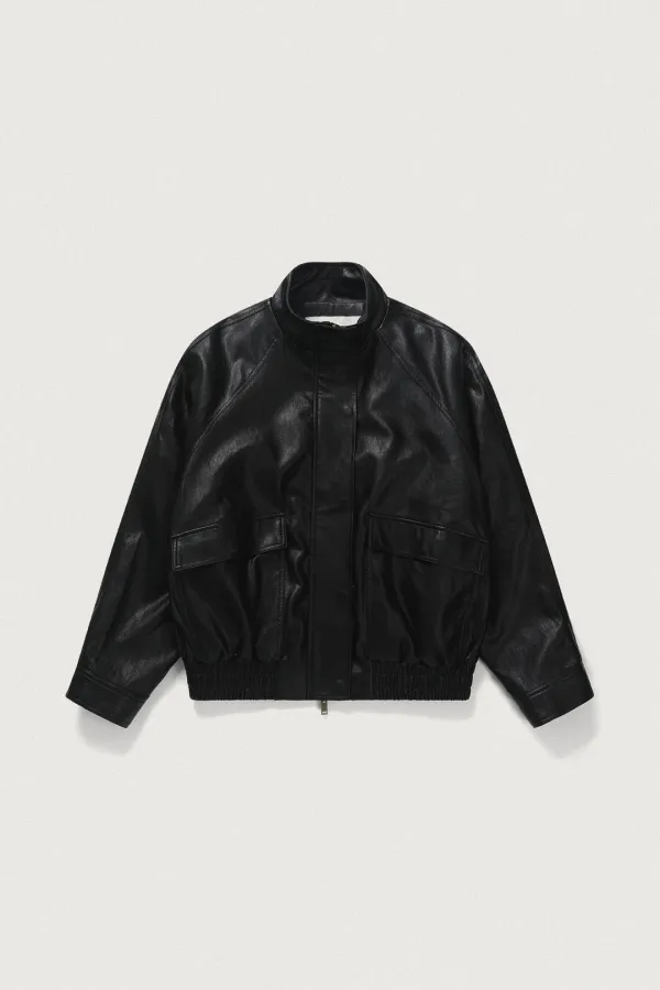 RELAX FIT HIGH NECK LEATHER BLOUSON [BLACK] - Chat de Lama
