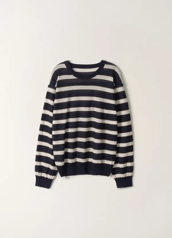 6TH / Stripe round pullover (Dark navy)