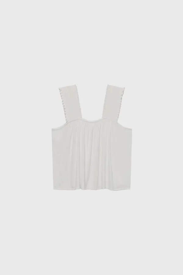 Shirred Strap Jersey Top (White / Light Khaki / Dark Gray)