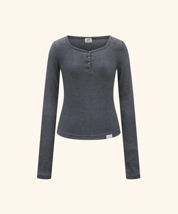 Letters Button Heart Neck T-Shirt ( Charcoal )