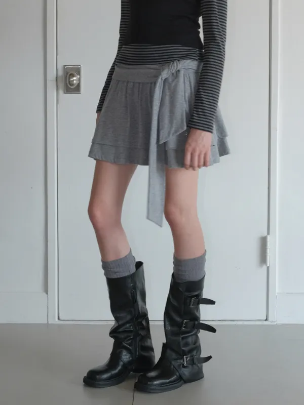 Knotted Frill Mini Skirt, Melange Grey