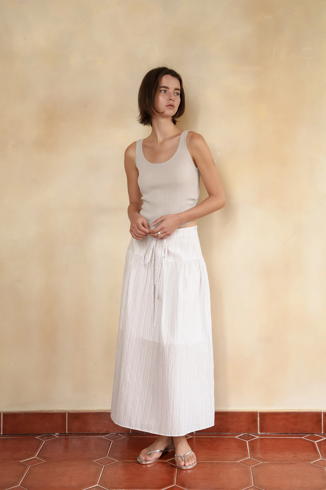 샤드라마 PINSTRIPE FLARED LONG SKIRT [WHITE(S/T)] 상품 이미지 2