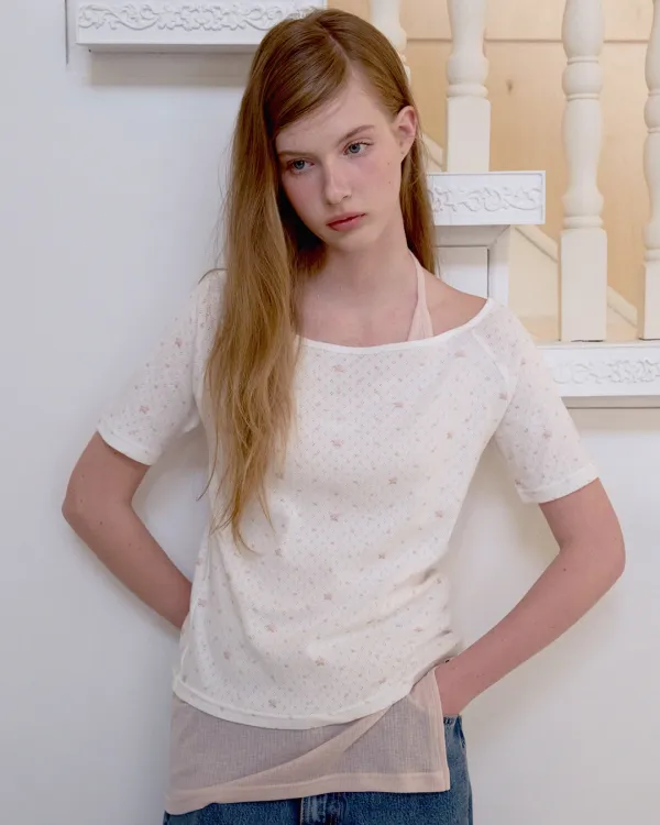 Letters Semi Off-Shoulder T-Shirt (Flower Ivory)