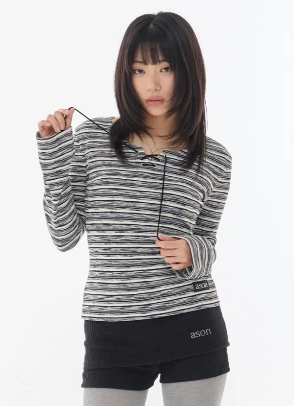 SHALE STRIPE EYELET LONG SLEEVE / SMOKE