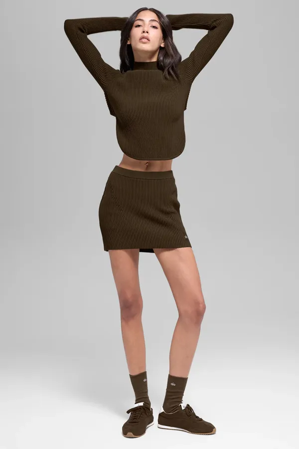 Denim Knit High-Waist Skirt - Espresso/Black