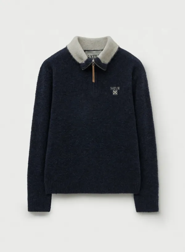 Fleece Half Neck Knit Zip-up - Navy