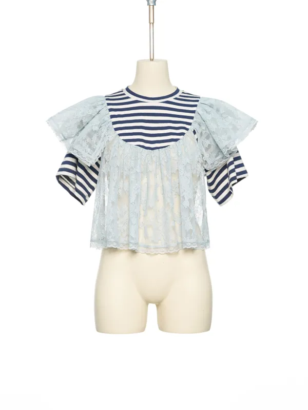 PS26 BLUE CROPPED LACE LAYERED STRIPE TOP
