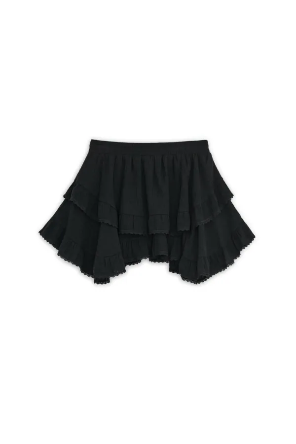 ANGLED FRILL MIDI SKIRT, BLACK