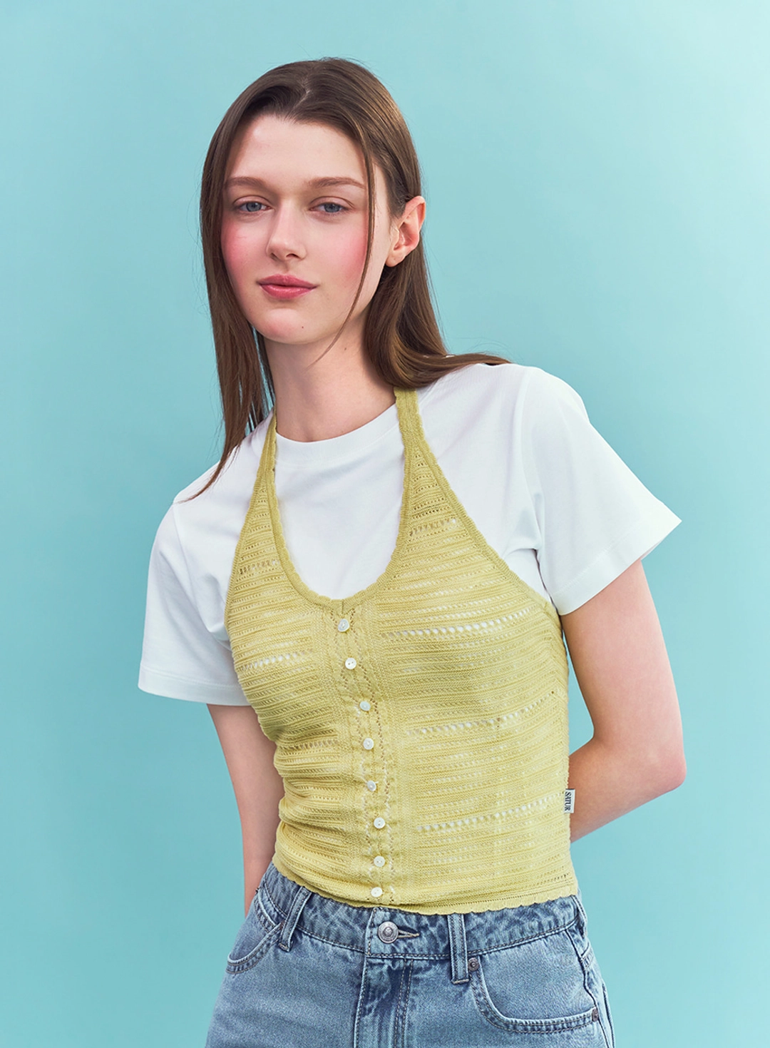 세터 (W) Crochet Halter Neck Knit Bustier - Olive Green 상품 이미지 2