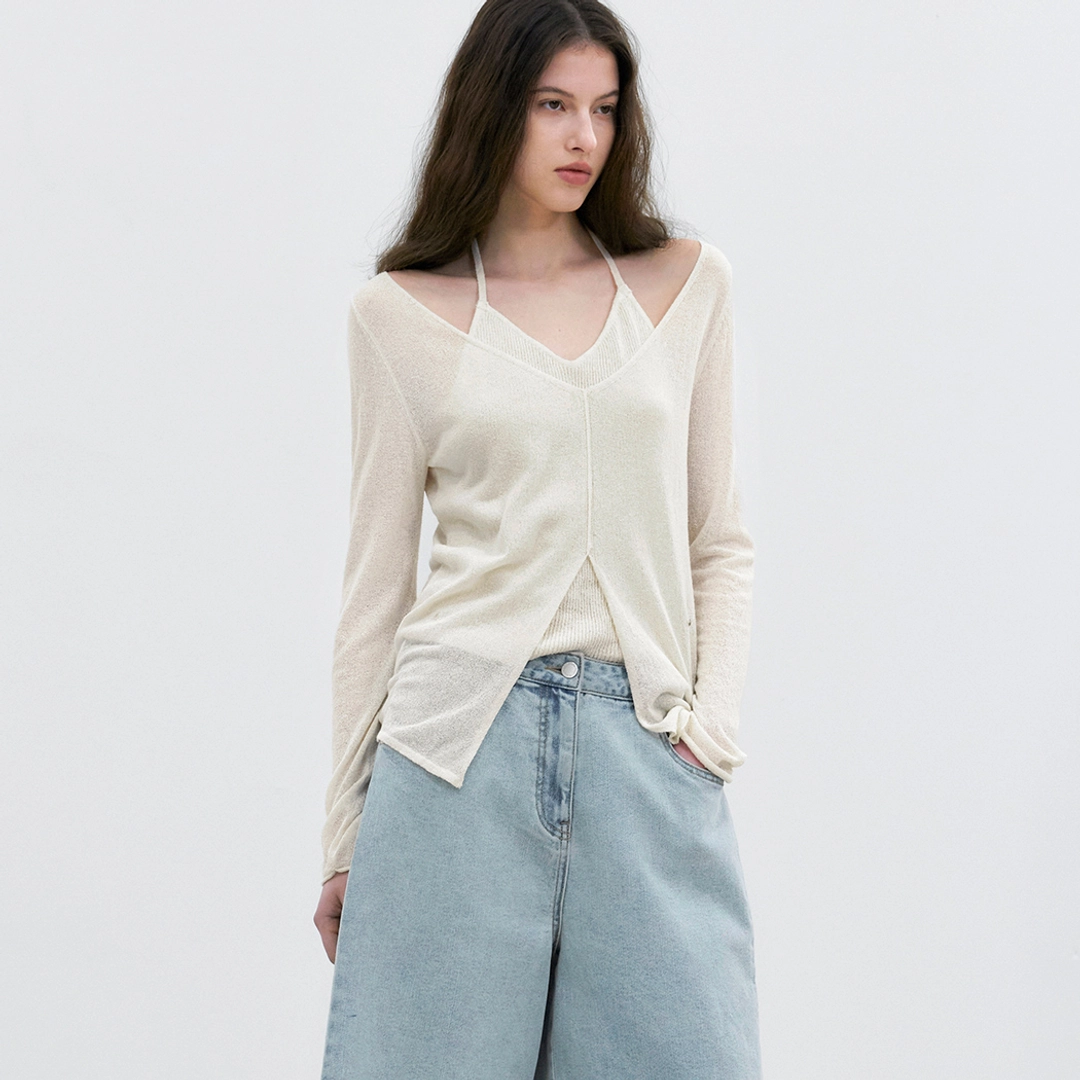 아뜰리에 나인 (T-7241)SUMMER BOUCLE LAYERD HALTER NECK KNIT TOP 상품 이미지 2