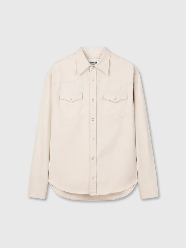 WASHED DENIM DISTRESSED WESTERN SHIRT_ ECRU