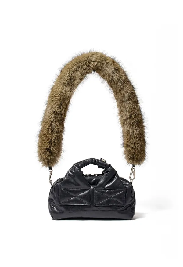 OIL SKIN MINI TOTE w. FURRY STRAP, BLACK