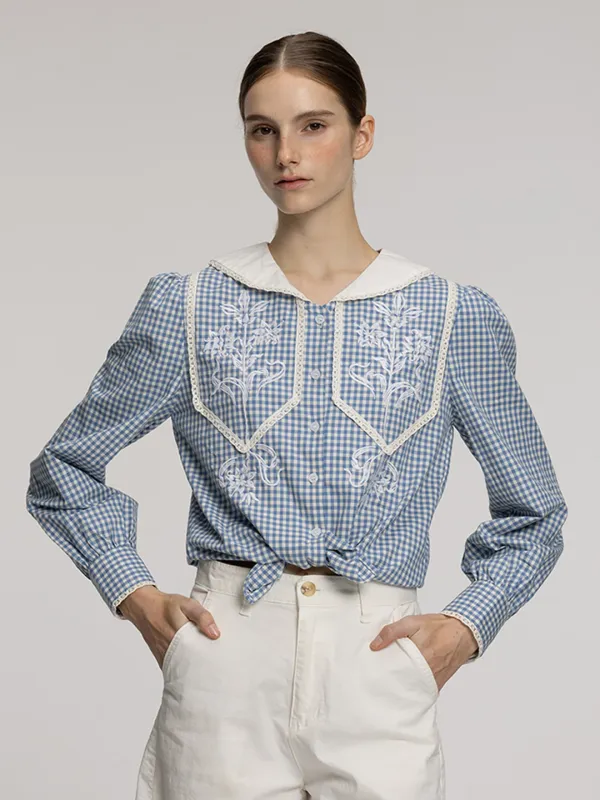 Check Sailor Embroidered Blouse (Blue)