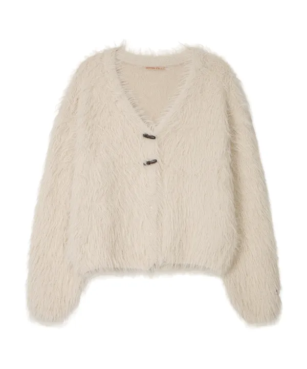 Posy Fur V Neck Cardigan-Cream