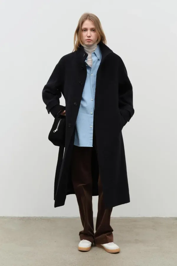 UNISEX STAND COLLARED WOOL COAT NAVY