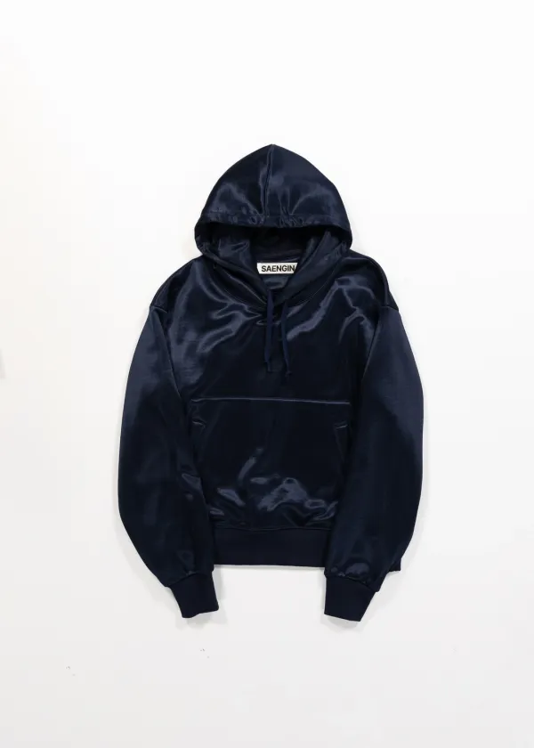 GLOSSY SATIN HOODIE - NAVY