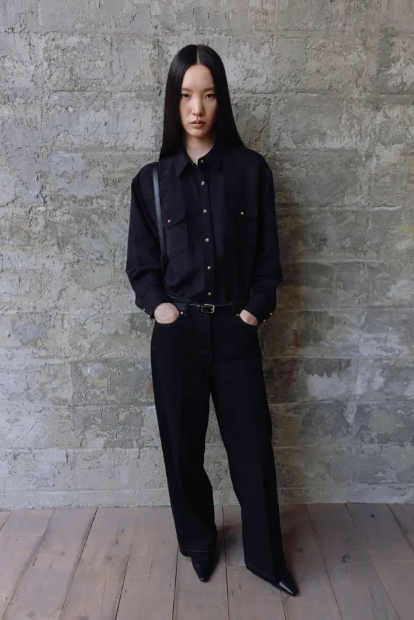 Gold snap soft suede Blouse _black