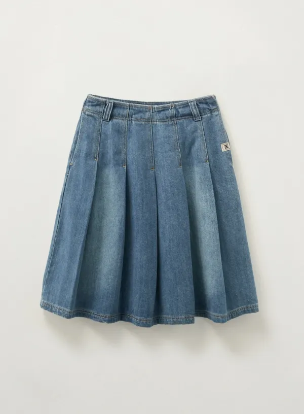 (W) Pleats Denim Midi Skirt - Blue