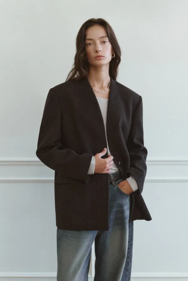 Damien Collarless Herringbone Jacket (Dark Brown)