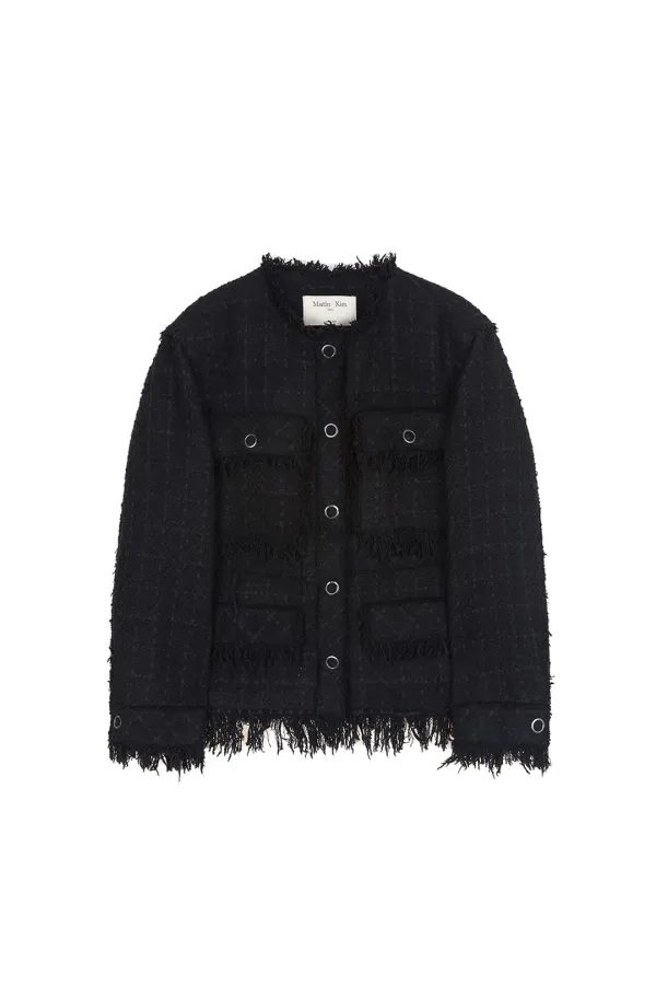 TWO WAY COLLARLESS TWEED JACKET IN BLACK