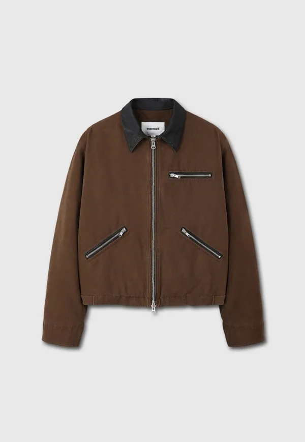 Leather Collar Garment-Washed Zip Work Jacket_ Brown