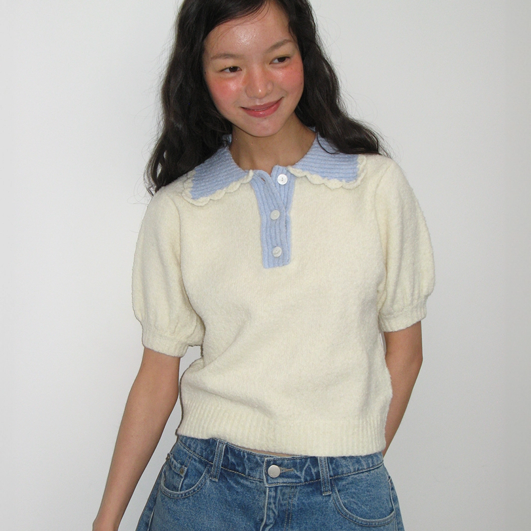 론론 HANDMADE COLLAR SHORT SLEEVE KNIT IVORY BLUE 상품 이미지 1