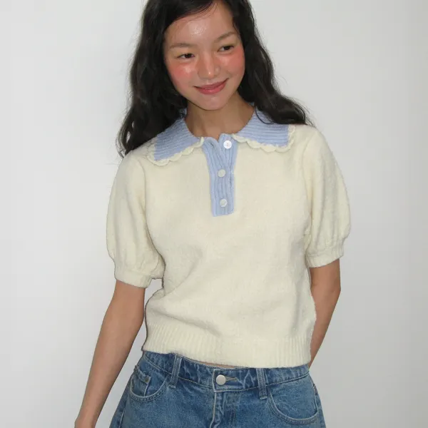 HANDMADE COLLAR SHORT SLEEVE KNIT IVORY BLUE