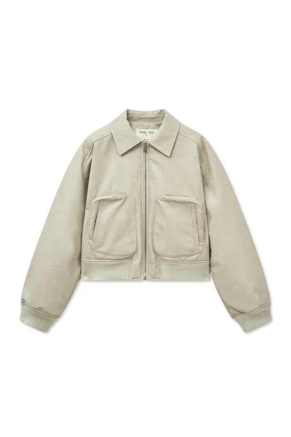 FAUX LEATHER OUT POCKET JUMPER IN LIGHT GREY