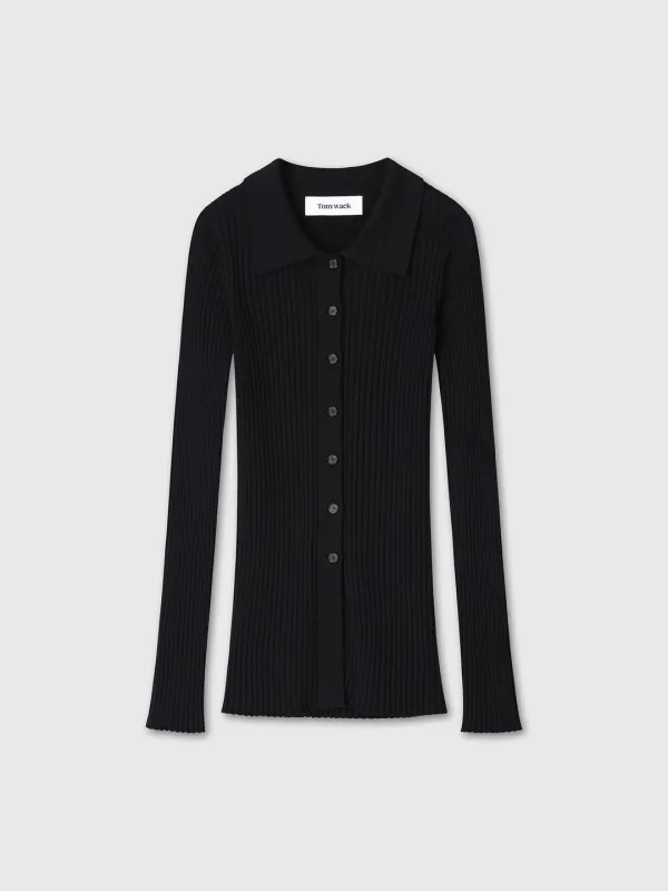 (W) SUPERFINE MERINO WOOL RIB CARDIGAN_ BLACK