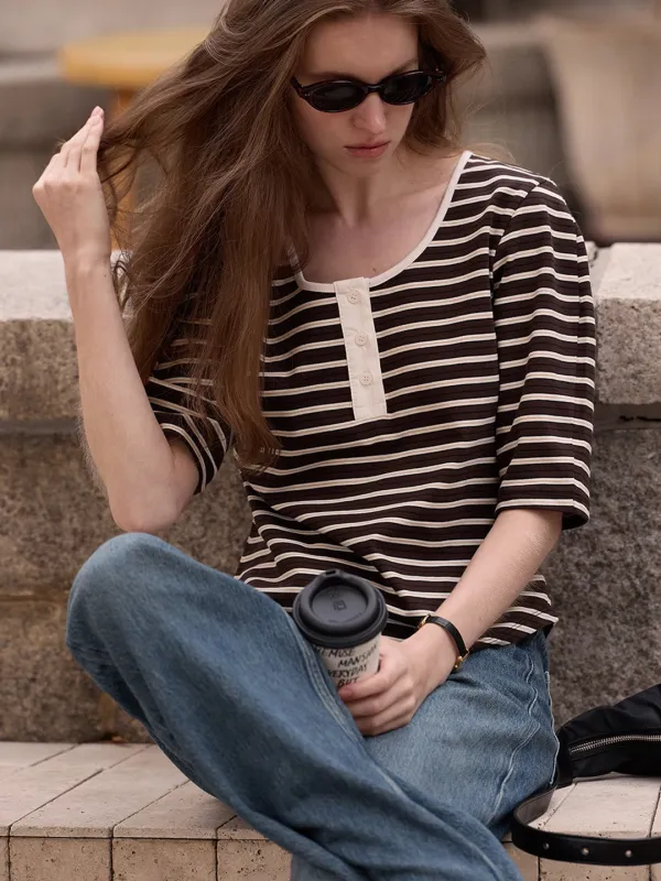 Henley neck top - Brown stripe