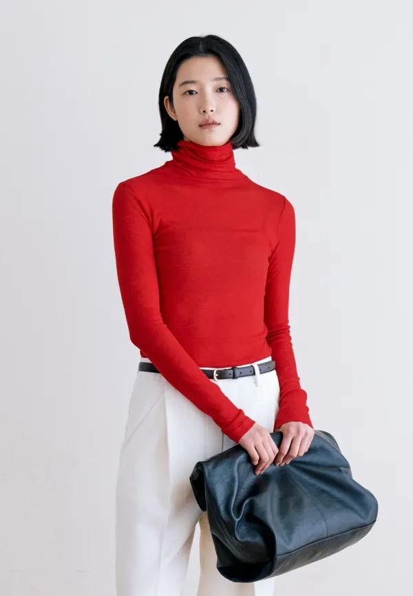 WOOL RIB TURTLE NECK T-SHIRT - RED