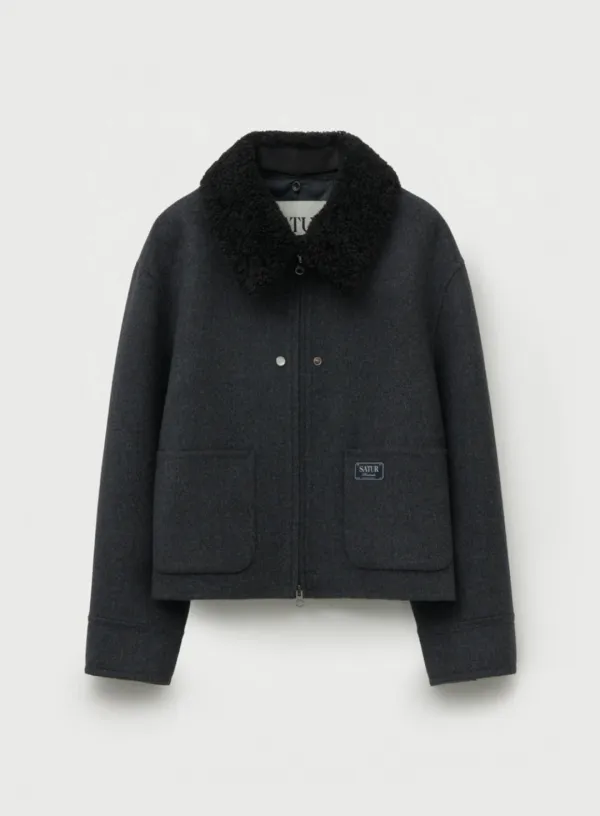 (W) Shearling Collar Wool Blend Jacket - Charcoal