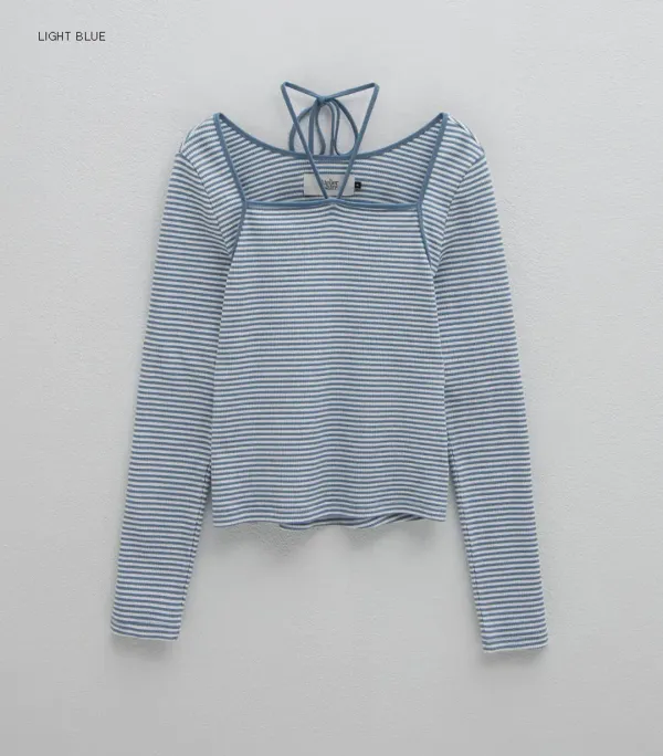 (T-6995)STRIPE HALTER SLIM TEE