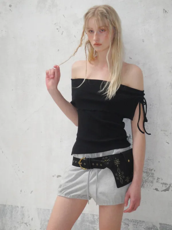 String Off Shoulder T-Shirt, Black