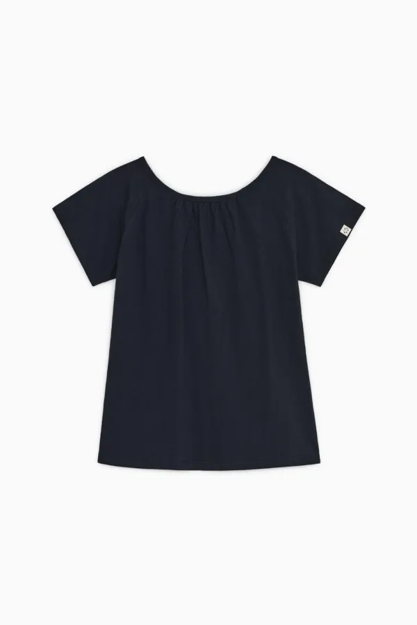 [10/6 SOON] SHIRRING BUTTON LAYERED T-SHIRT, NAVY