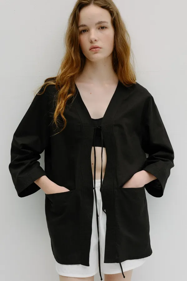 linen stitch robe jacket (black)